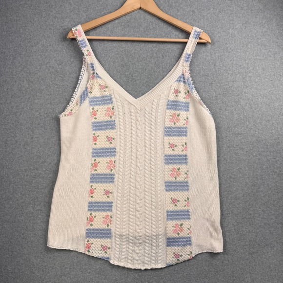 POL Tops - POL Sweater Tank Top Womens Large Cream Floral Cable Knit Lace Trim Cottagecore